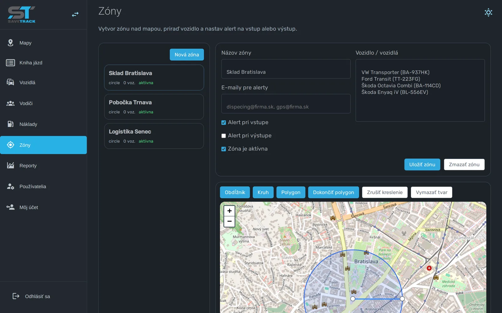 Zones and entry/exit alerts in the SaveTrack app