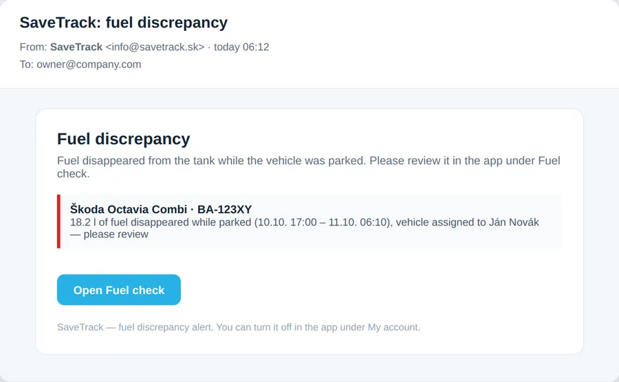 Instant e-mail about fuel siphoning with the parking time and the driver name