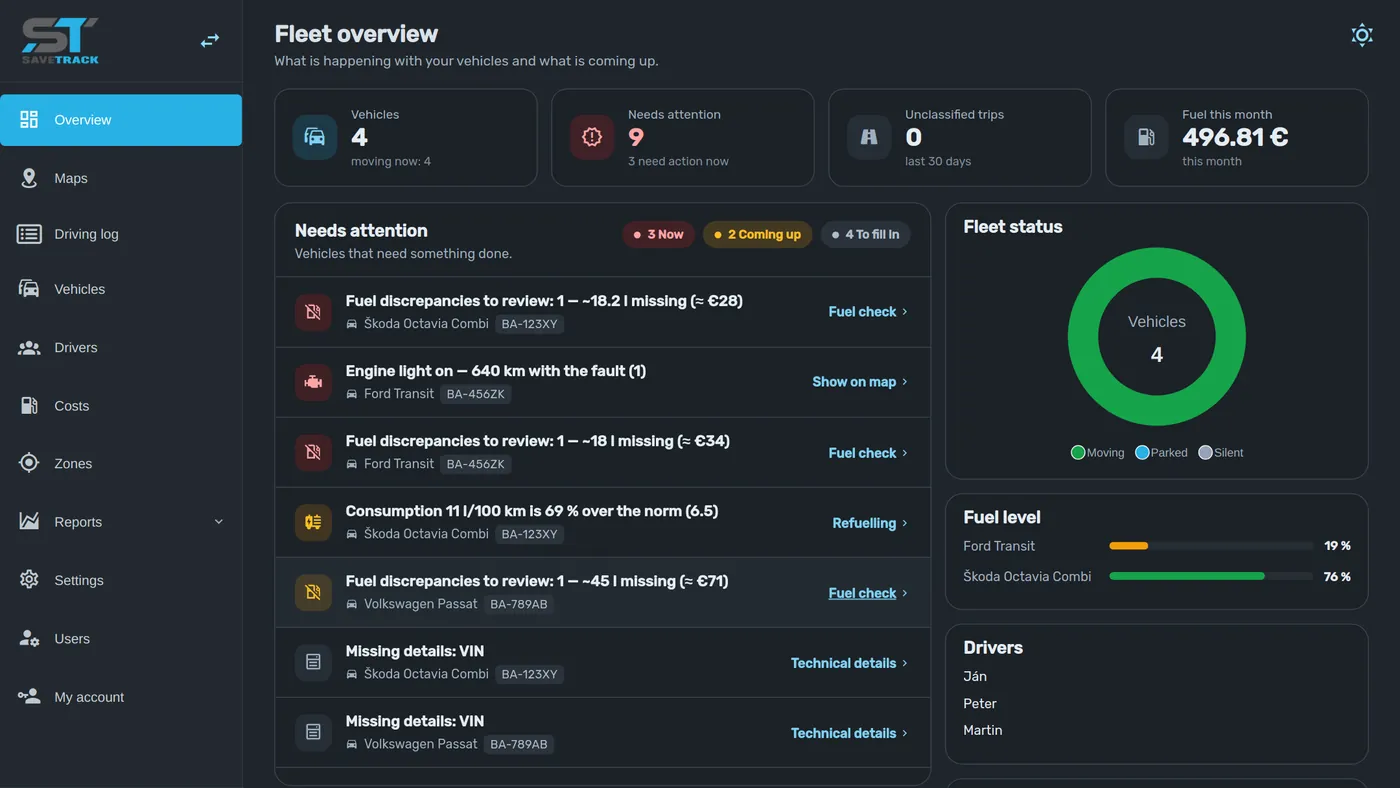 SaveTrack dashboard listing fuel discrepancies