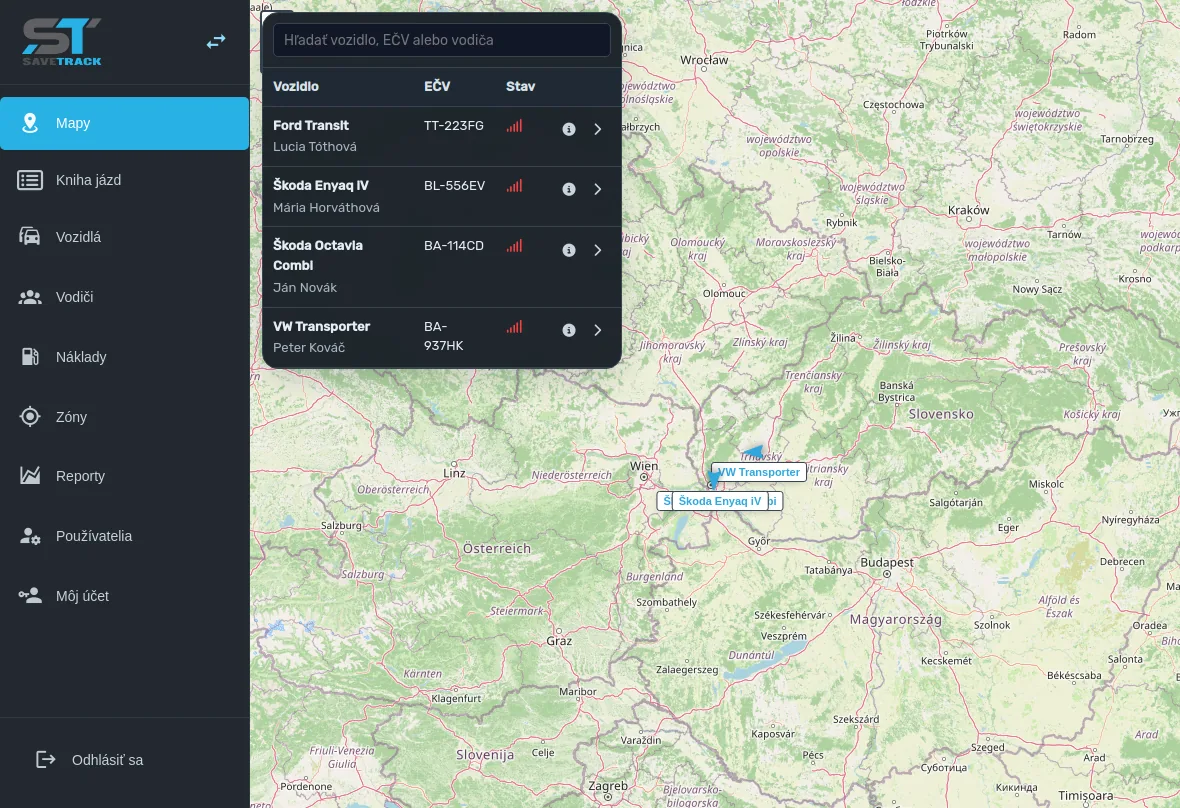 The SaveTrack app — a client's vehicles on the map